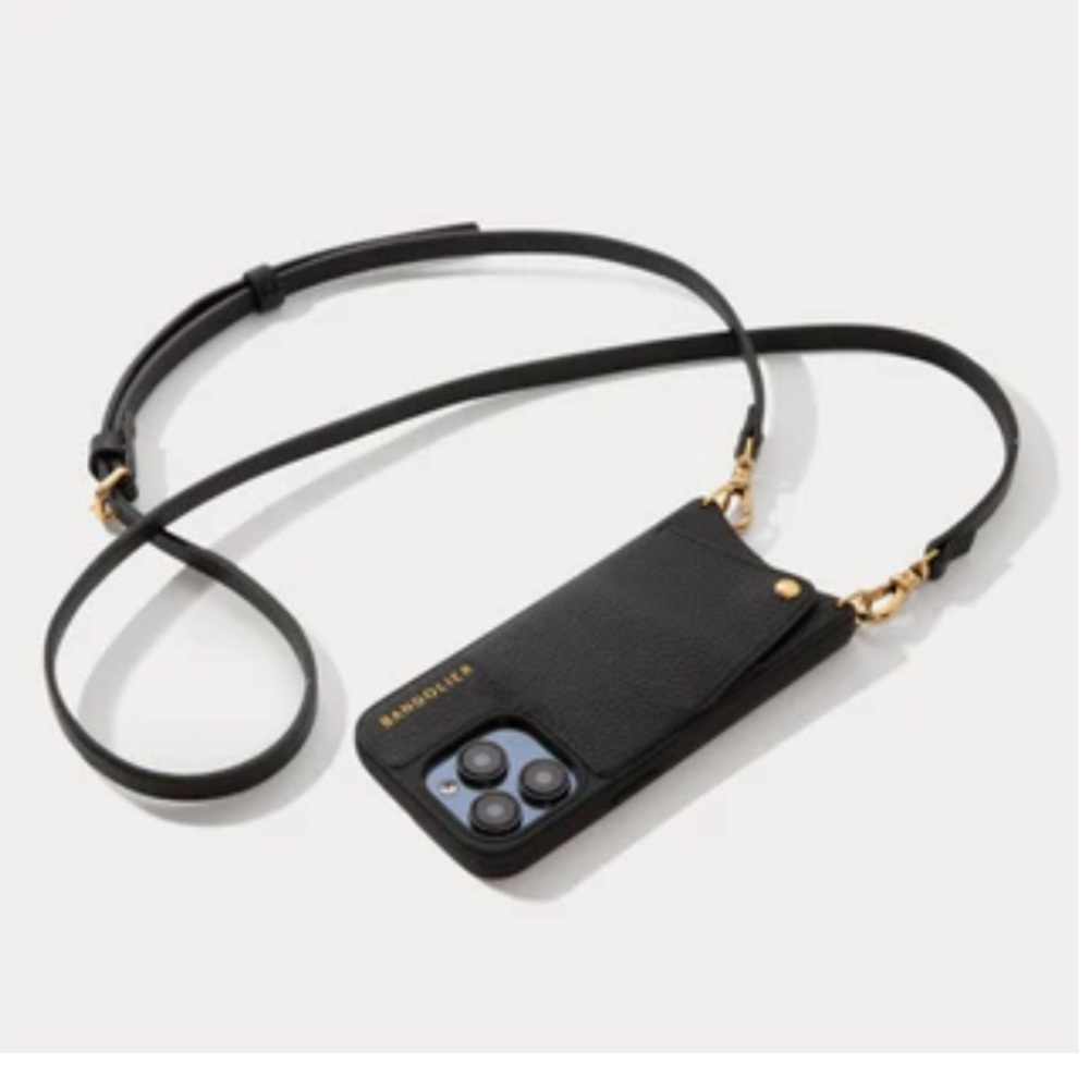Bandolier “Emma” Black Leather Crossbody with Gold Accents for IPhone 16 pro.
